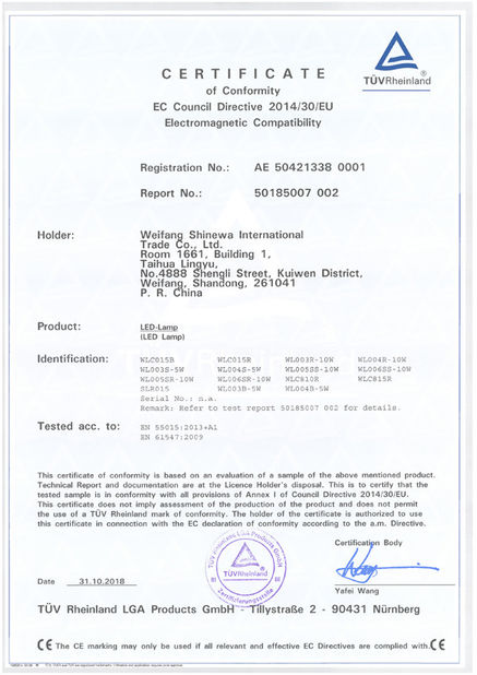 China Weifang ShineWa International Trade Co., Ltd. Certificaciones